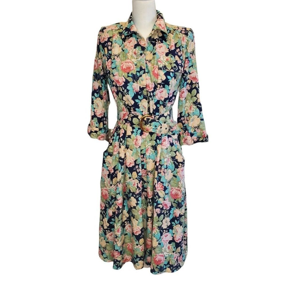 Vintage 80s Floral Casual Day Dress Midi Pastel Belted Pockets Cottagecore Small